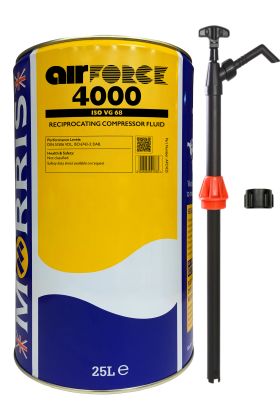 25 litre pack of Air Force 4000 VG68 Compressor Fluid and pump