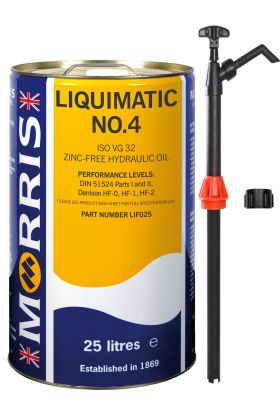 25 Litres Morris Liquimatic No 4 ISO 32 Hydraulic Oil & Pump