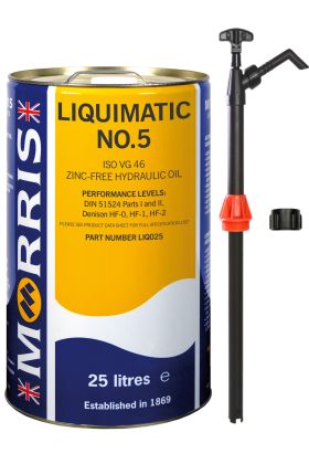 25 Litres Morris Liquimatic No 5 ISO 46 Hydraulic Oil & Pump