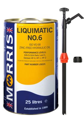 25 Litres Morris Liquimatic No 6 ISO 68 Hydraulic Oil & Pump